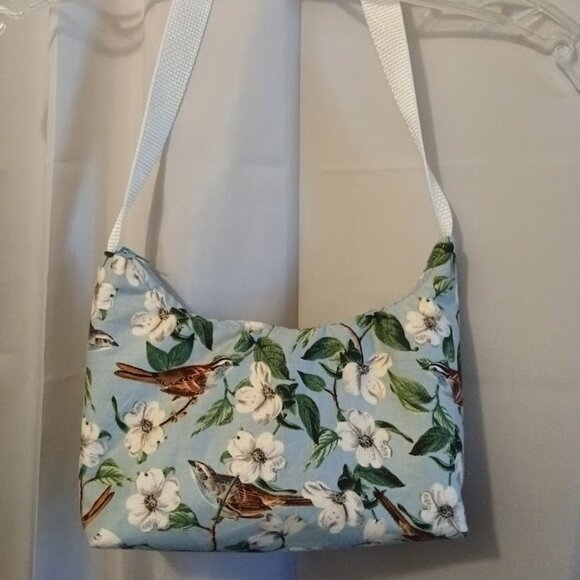 New Floral Birds Top handle Shoulder Bag Purse Blue White Crescent Baguette - Picture 2 of 7